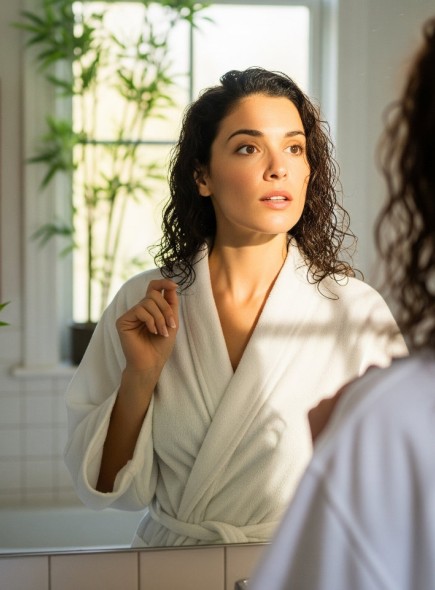 A woman contemplates her skin care